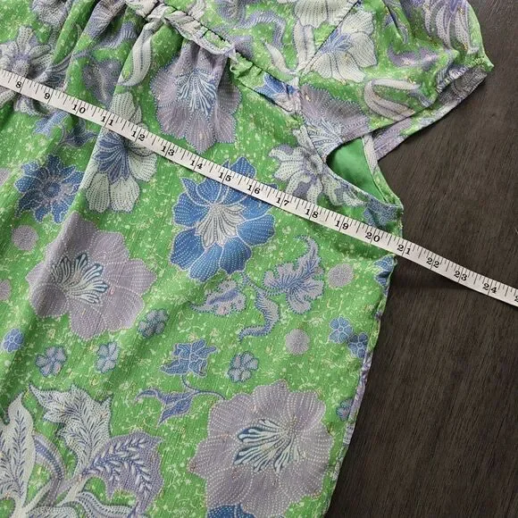 Joie Top Blouse Womens Large Green Floral Ruffles Lined Bloom Cottage Cap Sleeve - Picture 7 of 8